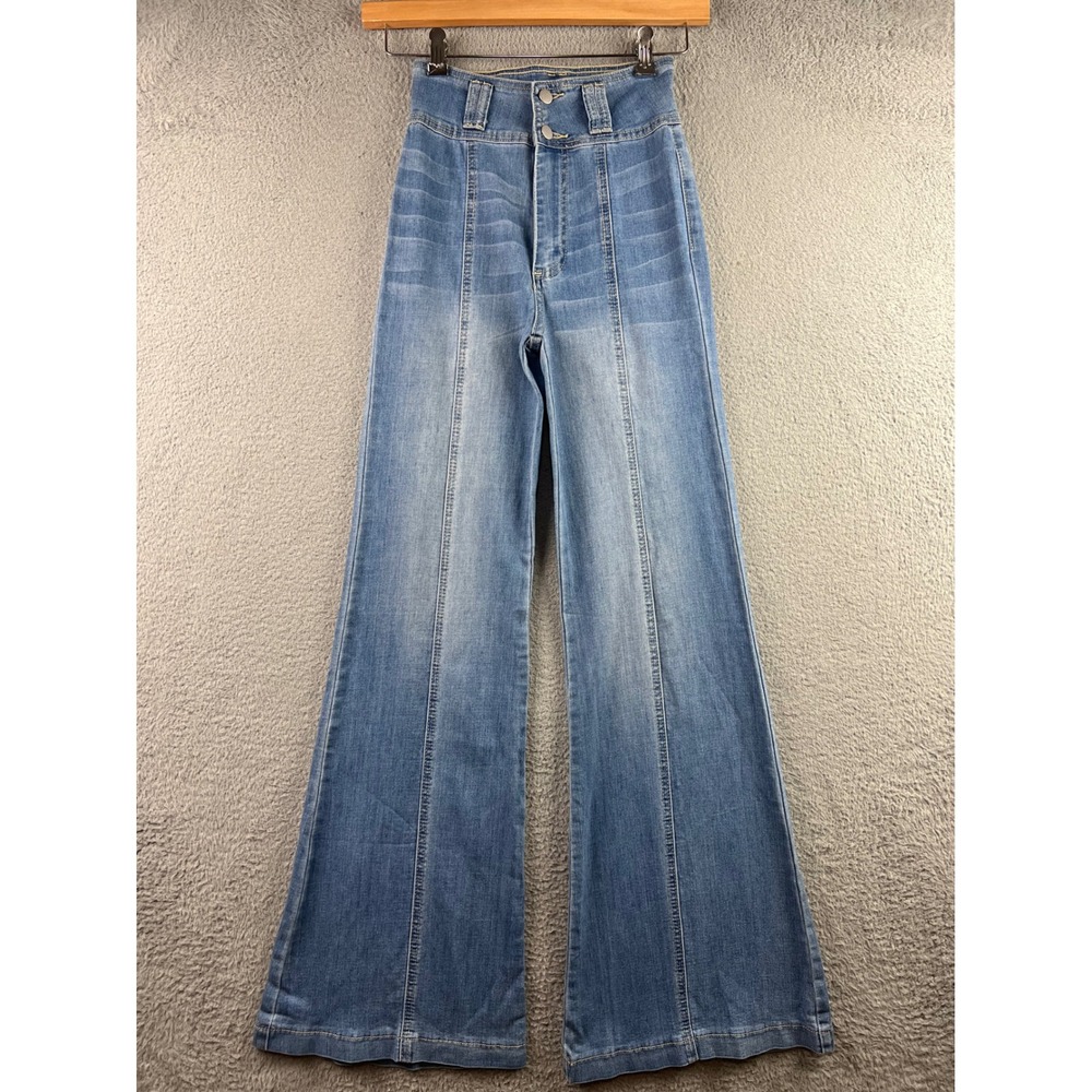 Flying Tomato Womens High Waisted Flare Jeans Medium Wash Blue Size S Retro Seam